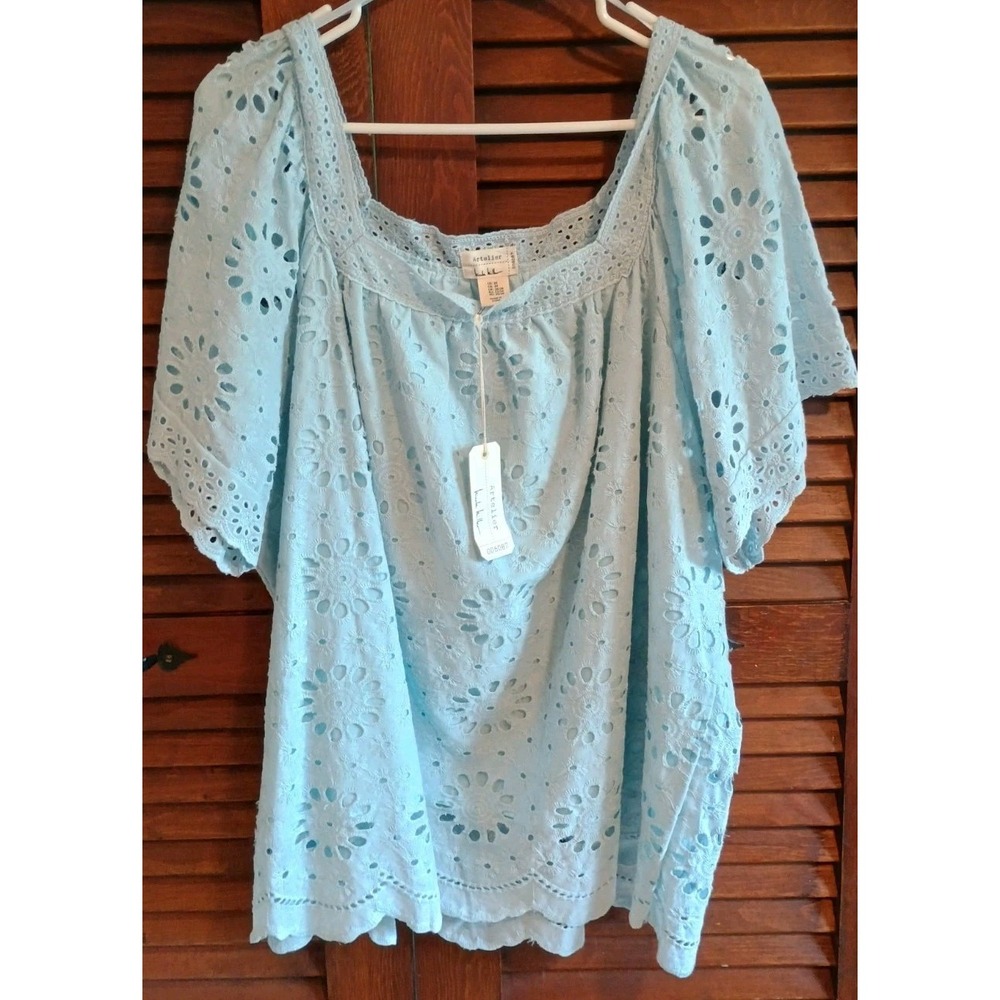 NWT Artelier Nicole Miller Women's Light Blue Eyelet Embroidered Top Sz 3X